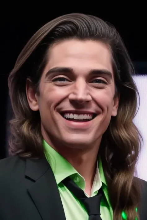 portrait of sks man with a black suit and white shirt with light green eyes, smiling, over the stage, long hair, 8k <lora:m0ura:0.85>