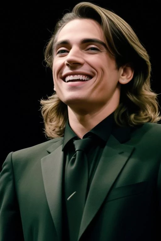 portrait of sks man with a black suit and white shirt with light green eyes, smiling, over the stage, long hair, 8k <lora:m0ura:0.85>