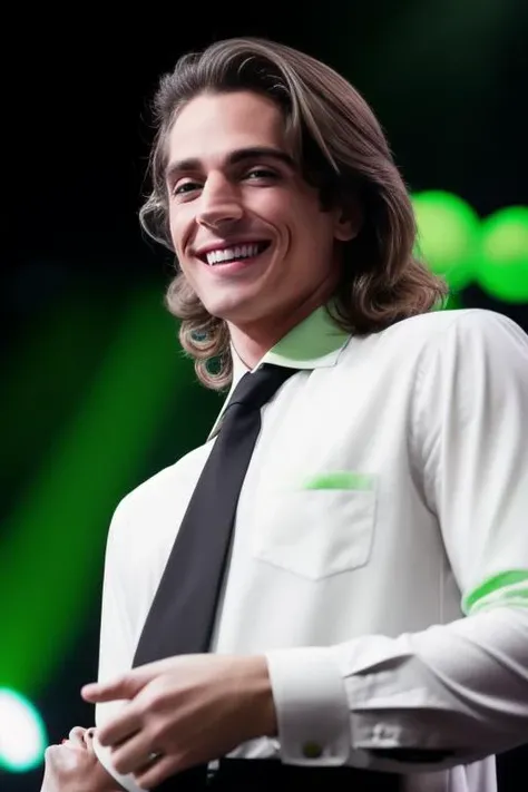 portrait of sks man with a black suit and white shirt, light green eyes, smiling, over the stage, long hair, 8k <lora:m0ura:0.85>