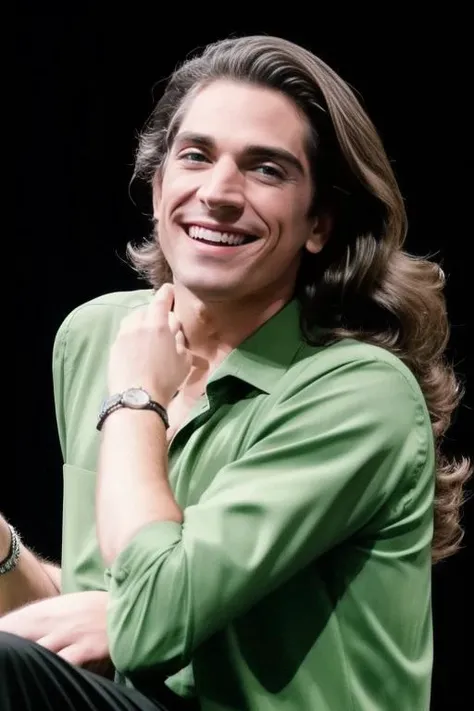portrait of sks man with a black suit and white shirt, light green eyes, smiling, over the stage, long hair, 8k <lora:m0ura:0.85>