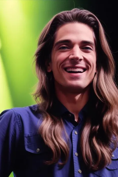 portrait of sks man with a blue shirt, light green eyes, smiling, over the stage, long hair, 8k <lora:m0ura:0.85>
