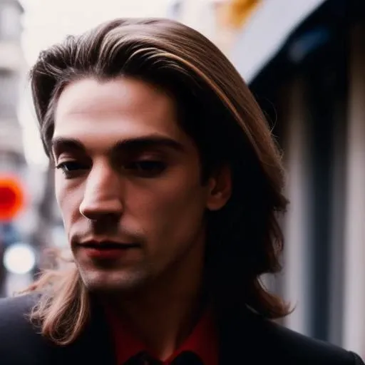 portrait of sks man with a black suit and red shirt, long hair, in the street, sunny day, 8k <lora:m0ura:0.85>