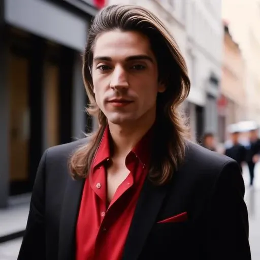portrait of sks man with a black suit and red shirt, long hair, in the street, sunny day, 8k <lora:m0ura:0.85>