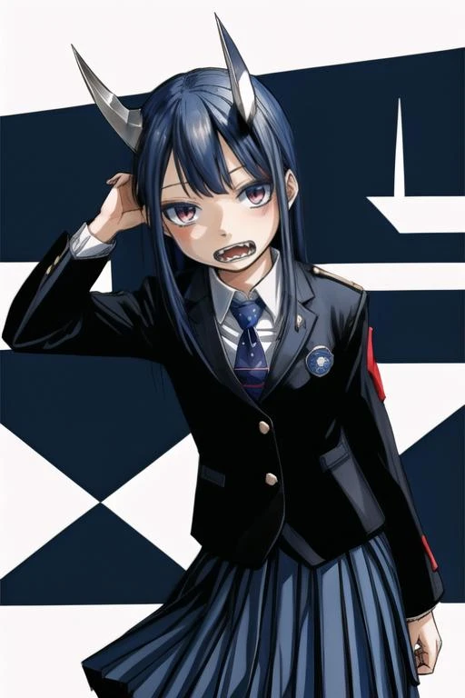 <lora:Aoki_Ruri:0.9> Aoki_Ruri,
girl,blue_hairred_eyes,, black_ blazer, , blue_bowtie, collared_shirts,skirt, fangs, horns,, long_sleeves, school_uniform, sharp_teeth,