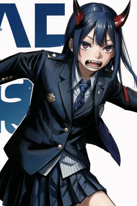 <lora:Aoki_Ruri:0.9> Aoki_Ruri,
girl,blue_hair, black_jacket, blazer, , blue_bowtie, collared_shirt, fangs, horns, jacket, long_sleeves,red_eyes, school_uniform, sharp_teeth,teeth,