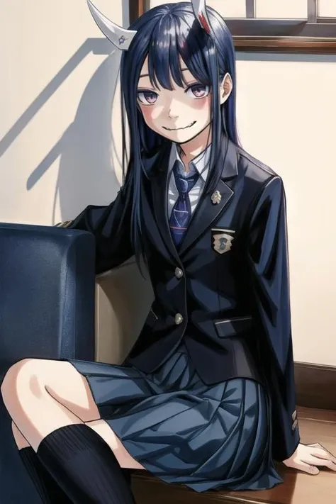 <lora:Aoki_Ruri:0.9> Aoki_Ruri,
girl,blue_hairred_eyes,, black_ blazer, , blue_bowtie, collared_shirts,skirt, fangs, horns,, long_sleeves, school_uniform, closed nouth,smile,sitting