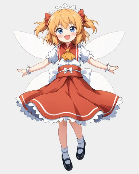 sunny milk,1girl, fang, one_eye_closed, solo, open_mouth, smile, fairy_wings, shoes, yellow_ascot, two_side_up, headdress, dress, short_sleeves, fairy, looking_at_viewer, white_background, black_footwear, full_body, blush, ;d, outstretched_arms, red_skirt, simple_background, white_socks, bow
<lora:sunny_milk_image988_2023-12-20:1>,star-shaped_pupils,symbol-shaped_pupils,. gorgeous,key visual, vibrant, studio anime,award-winning, professional, highly detailed,high budget, cinemascope