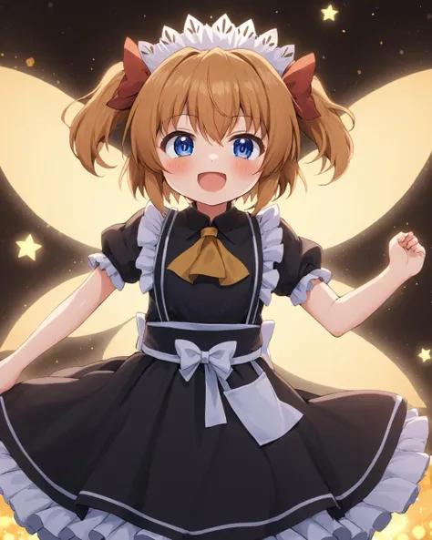 sunny milk,1girl, solo, maid_headdress, fairy_wings, fairy, open_mouth, enmaided, smile, headdress, skirt_hold, frills, apron, blush, juliet_sleeves, two_side_up, twintails, black_dress, blurry_background, ribbon
<lora:sunny_milk_image988_2023-12-20:1>,star-shaped_pupils,symbol-shaped_pupils,. gorgeous,key visual, vibrant, studio anime,award-winning, professional, highly detailed,high budget, cinemascope