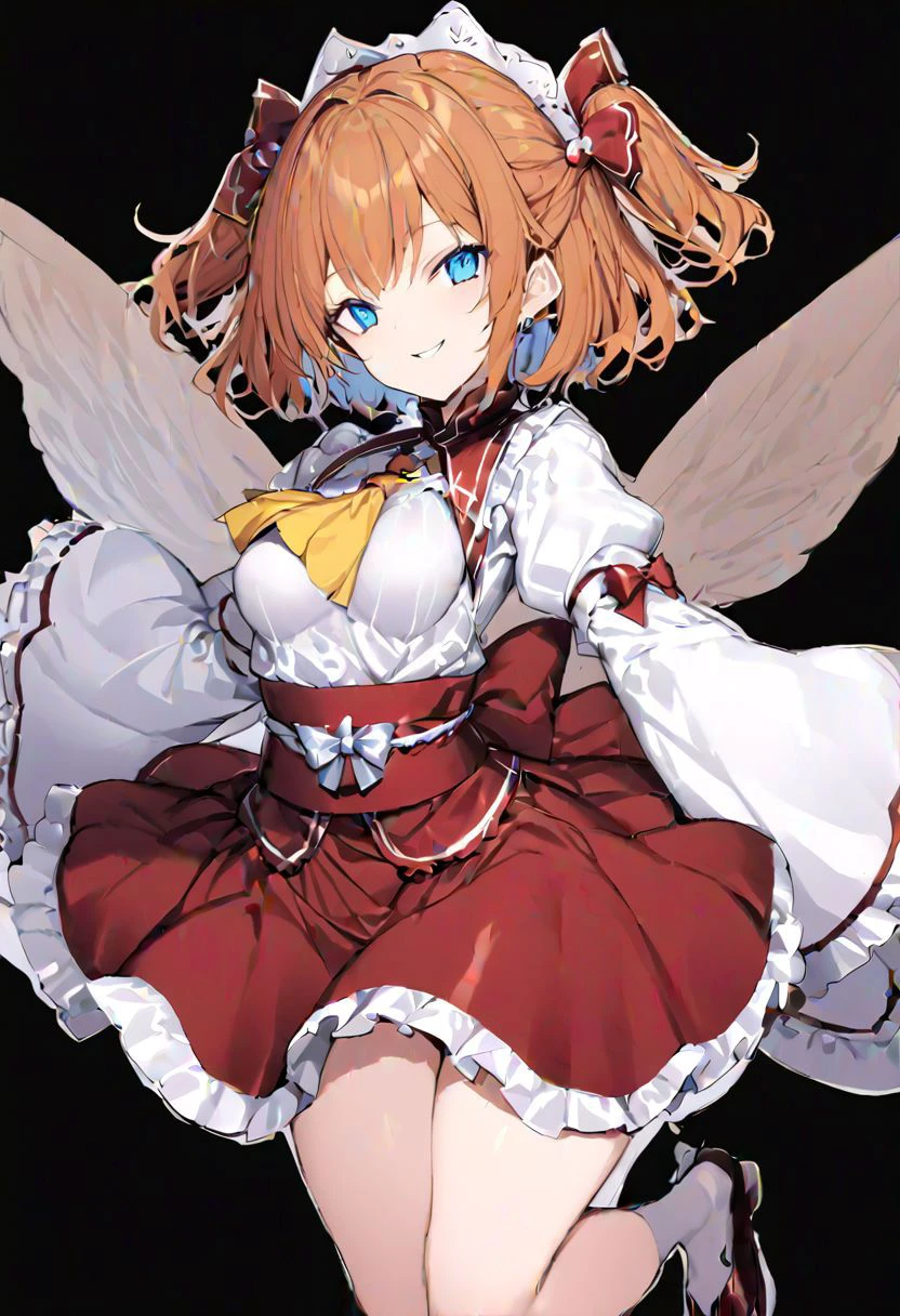 masterpiece, best quality, ultra-detailed, beautiful, nai3, 1girl, solo, full_body, tachi-e,
sunny_milk, lace, smile, short_hair, blue_eyes, dress, white_shirt, frills, red_bow, wings, wide_sleeves, puffy_short_sleeves, red_skirt, yellow_ascot, juliet_sleeves, two_side_up, sash, orange_hair, frilled_sleeves, frilled_skirt, red_dress,