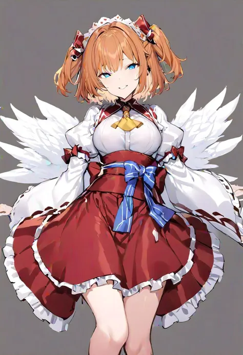 masterpiece, best quality, ultra-detailed, beautiful, nai3, 1girl, solo, full_body, tachi-e, 
sunny_milk, lace, smile, short_hair, blue_eyes, dress, white_shirt, frills, red_bow, wings, wide_sleeves, puffy_short_sleeves, red_skirt, yellow_ascot, juliet_sleeves, two_side_up, sash, orange_hair, frilled_sleeves, frilled_skirt, red_dress,