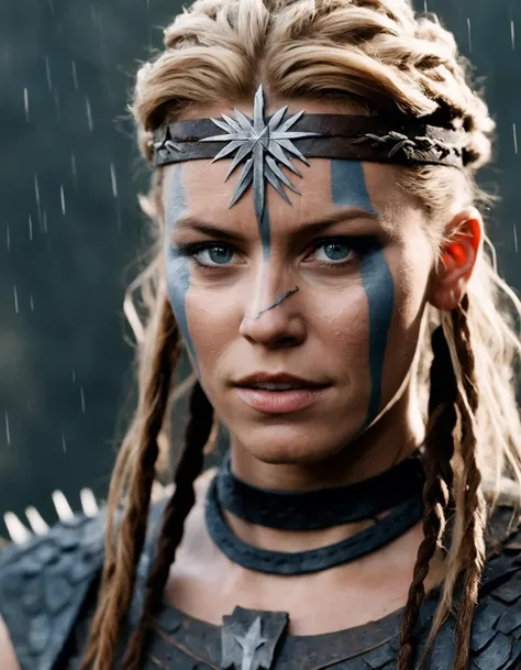 cinematic photo Close-up of (((ohwx woman))) in Hellblade: Senua's Sacrifice, emerging from black mud, long hair with dreads, war blue paint, paint fading, angry expression, dirty face, finely detailed eyes, moody, viking clothes, epic scene, epic composition, Photography, Cinematic Lighting, Volumetric Lighting, ethereal light, intricate details, extremely detailed volumetric rays <lora:banks_lora_sdxl_v1-000009:1> . 35mm photograph, film, bokeh, professional, 4k, highly detailed