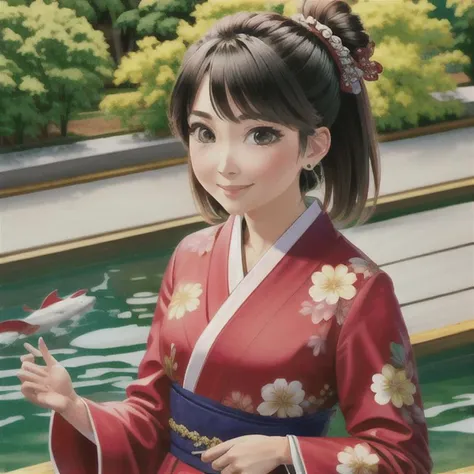 a masterpiece portrait of smiling Saya Otonashi, kimono with koi karp print, summer