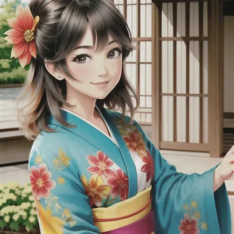a masterpiece portrait of smiling Saya Otonashi, kimono, koi karp print, summer