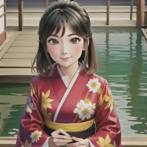 a masterpiece portrait of smiling Saya Otonashi, kimono, koi karp print, summer