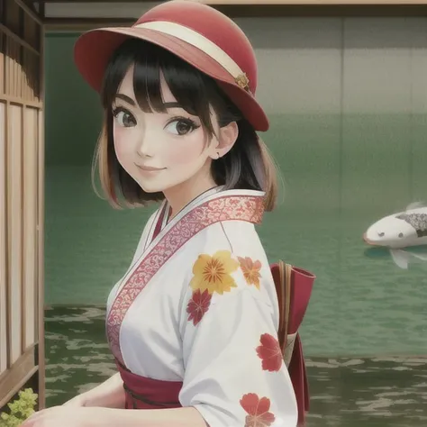 a masterpiece portrait of smiling Saya Otonashi, kimono with koi karp print, summer