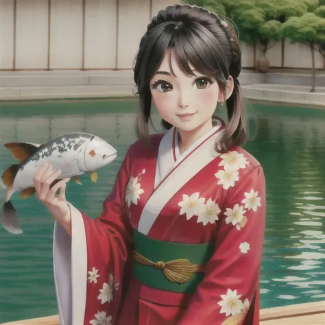 a masterpiece portrait of smiling Saya Otonashi, kimono, koi karp print, summer