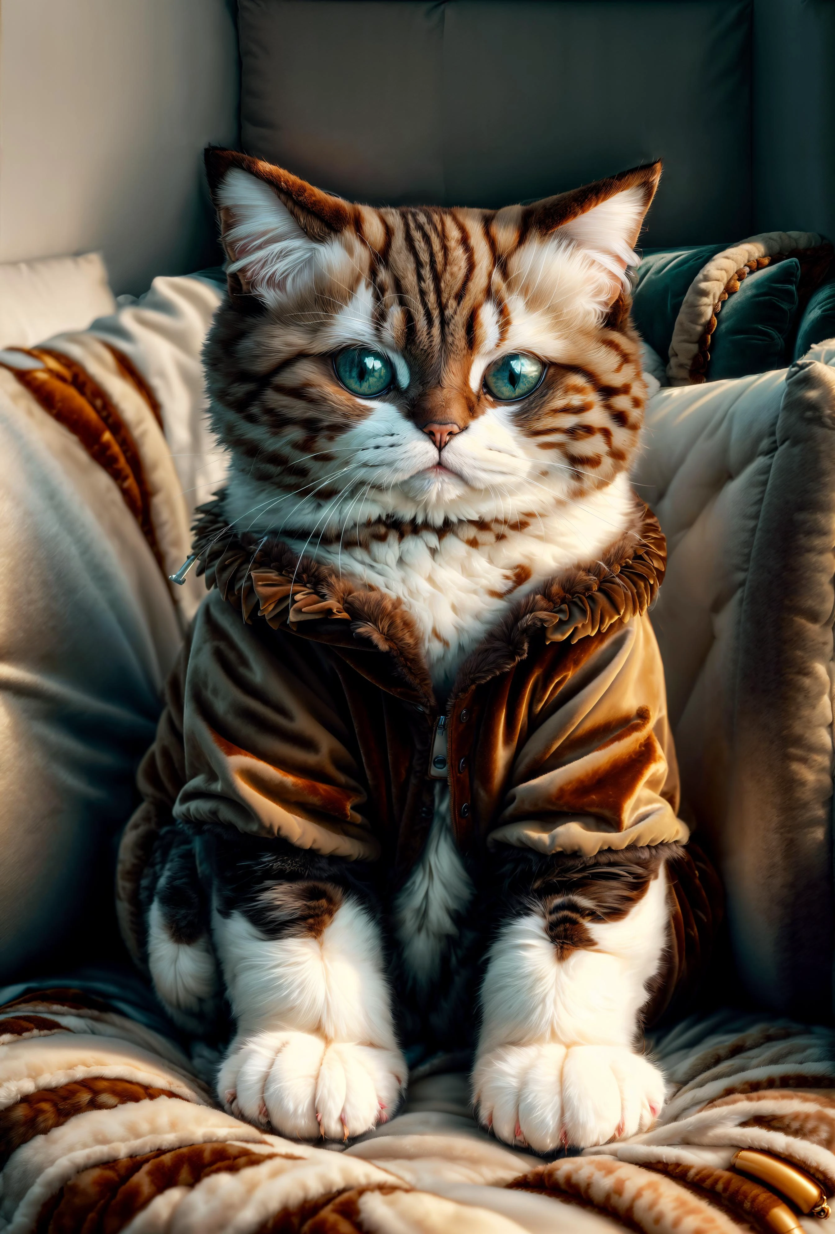 <lora:add_detail:0.8> <lora:PlushTech-22:0.8> plushtech, (masterpiece, best quality, realistic, detailed, crisp:1.2), (picture), (cute cat), wearing coat made of plush and velvet materials,