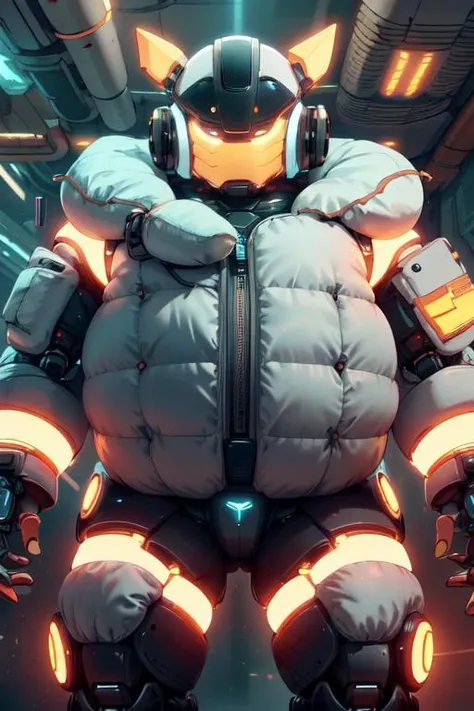 bob cut,  <lora:PlushTech-22:1>, plushtech ,scifi,soft velvet,white fat robot ,
