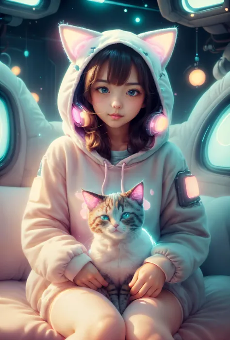 <lora:add_detail:0.4> <lora:PlushTech-22:0.8> plushtech, <lora:KawaiiTech-20:0.4> kawaiitech, (masterpiece, best quality, realistic, detailed, crisp:1.2), (girl with cat hoodie), soft velvet, gleaming, scifi, soft soothing glow, pastel colors, kawaii, cute colors, scifi