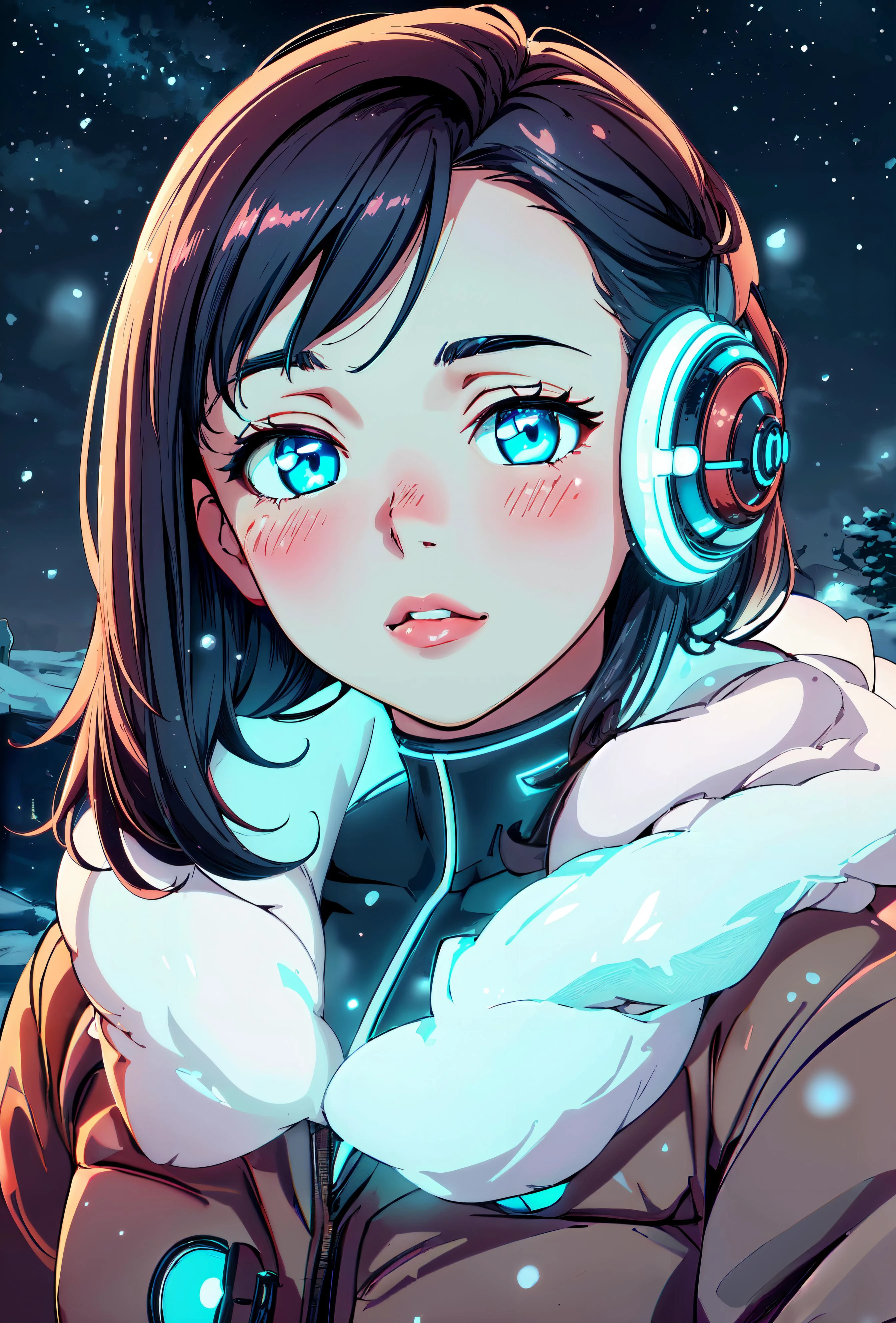 <lora:add_detail:0.4> <lora:PlushTech-22:0.8> plushtech, (masterpiece, best quality, realistic, detailed, crisp:1.2), (portrait), (1girl, cute ), wearing coat, blush, night sky, snow, condensation, gleaming eyes, scifi, soft velvet
