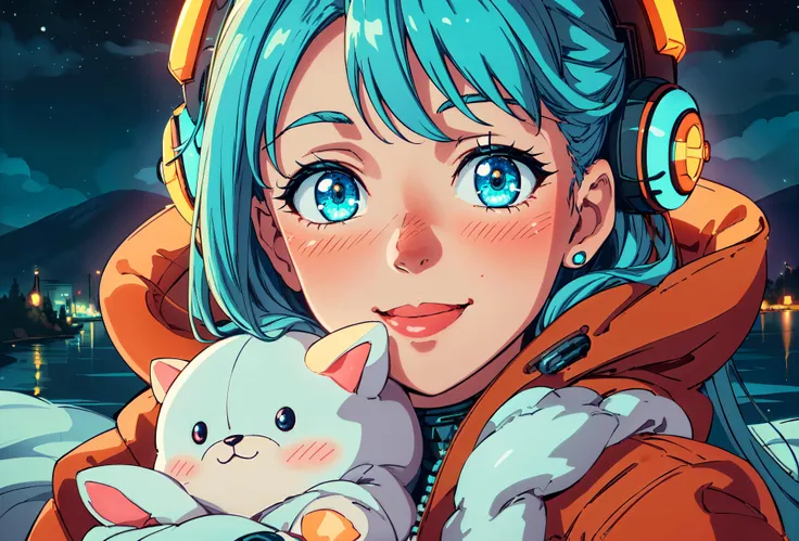 <lora:add_detail:0.4> <lora:PlushTech-22:0.8> plushtech, (masterpiece, best quality, realistic, detailed, crisp:1.2), (portrait), (1girl, cute girl), blue hair, wearing orange coat, blush, taking a selfie, smiling, night sky, lake, condensed air, gleaming eyes, scifi, soft velvet, soft soothing glow,