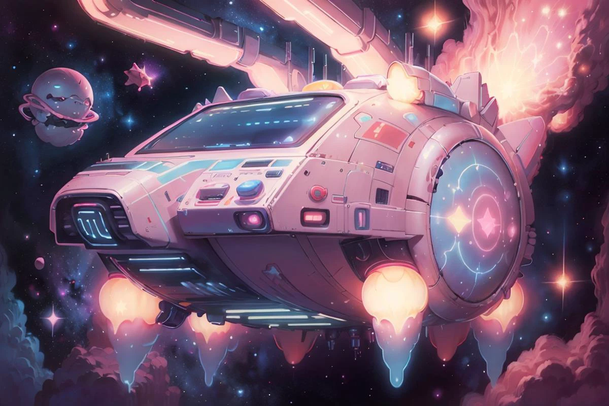 coffee machine, cosmic space motif, pastel, retro 80s album cover, digital painting <lora:add_detail:0.1> <lora:KawaiiTech:0.2> kawaiitech <lora:PlushTech:0.5> plushtech <lora:LowRA:0.1> <lora:RetroSpaceships:0.8> retrospaceships