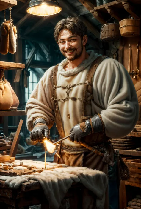 <lora:add_detail:0.6> <lora:PlushTech-22:0.6> plushtech, (masterpiece, best quality, realistic, detailed, crisp:1.2), medieval, indoors, (picture), (blacksmith, working, sparks), smiling, selling plush and velvet materials,