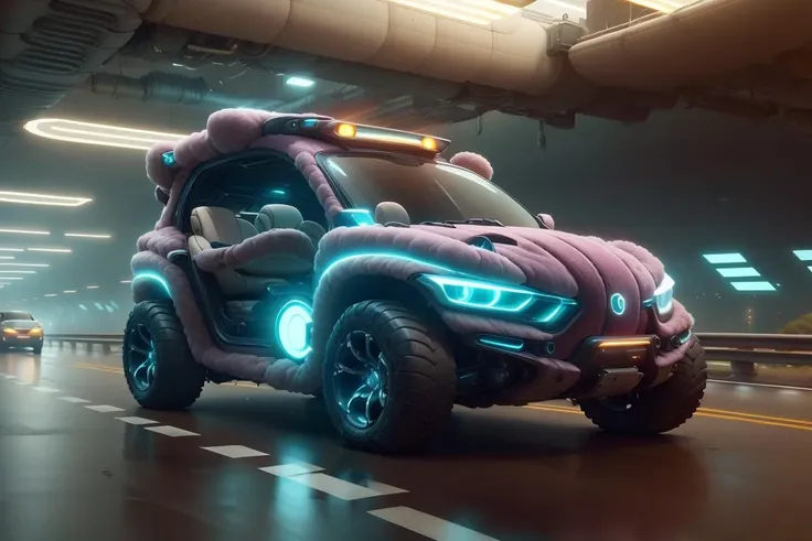 <lora:PlushTech-22:0.9>, plushtech ,scifi,soft velvet,
car on a highway
