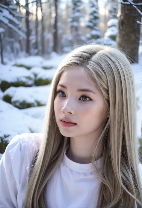 A girl next to a husky dog, green eyes, long hair, soft face, <lora:add_detail:0.6>, outside, snow, <lora:Dahyun-02:1>