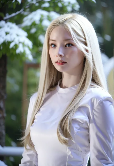 A blonde girl next to a Siberian husky dog, green eyes, long hair, blonde, soft face, <lora:add_detail:0.6>, outside, snow, <lora:Dahyun-02:1>