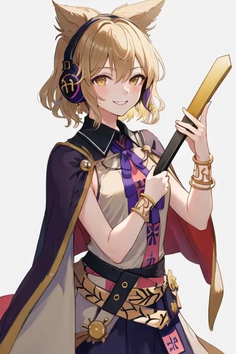 best quality, masterpiece, highres, solo, {toyosatomimi_no_miko_touhou:1.15}, earmuffs, short_hair, sleeveless, smile, pointy_hair, jewelry, brown_hair, bracelet, brown_eyes, blonde_hair, yellow_eyes, upper_body, 1girl, cape, ritual_baton, looking_at_viewer, shirt, sketch