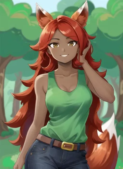 ((best quality)), ((highly detailed)), masterpiece, detailed face, beautiful face, (detailed eyes, deep eyes), (1girl),  cowboy shot, <lora:terraria_zoologist:.8>, zoologist (terraria), very long hair, red hair, brown eyes, dark skin, dark-skinned female, fox ears, fox tail, smile, green shirt, sleeveless, collarbone, pants, belt, outside, in a forest