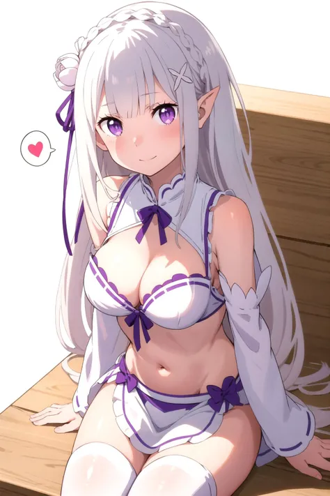 Emilia Re:Zero, white hair, white crown braid, purple ribbons in hair, white flower in hair, white lingerie, x hair ornament, purple eyes, long hair, medium breasts, fox girl, multiple tails, 1girl, solo, 

(masterpiece:1.1), (best quality:1.1), (ultra-detailed:1.1), (illustration:1.1), medium breasts, one piece lingerie, lacy white lingerie, cleavage cutout, midriff, looking at viewer, cowboy shot, blushing