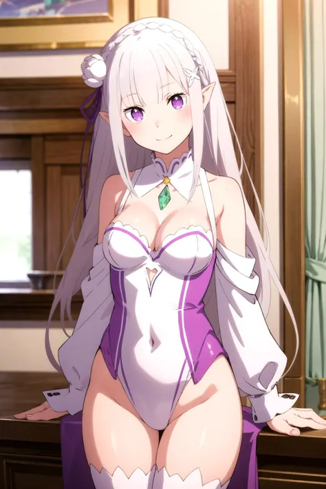 1girl, solo, masterpiece, best quality,
        <lora:emilia-rezero-01:0.8>,
        rabbit ears, fake animal ears, re:zero kara hajimeru isekai seikatsu, emilia, emilia (re:zero), purple eyes, grey hair, white hair, long hair, braid, crown braid, blunt bangs, sidelocks, hair ornament, x hair ornament, hair flower, hair ribbon, purple ribbon, pointy ears, elf, playboy bunny, detached collar, bare shoulders, bare arms, collarbone, leotard, latex leotard, wrist cuffs, skindentation, skin tight, cleavage, medium breasts, covered navel, thighhighs,
        cowboy shot, contrapposto, looking at viewer,
        blush, smile,
        indoors, casino