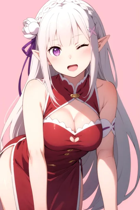 best quality, high resolution, large breasts, blush, smile, (((white hair))), cowboy shot, looking at viewer, Impa, in a temple, red eyes, cleavage, Breasts Focus