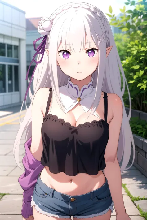 1girl, solo, masterpiece, best quality,
        <lora:emilia-rezero-01:0.6>,
        re:zero kara hajimeru isekai seikatsu, emilia, emilia (re:zero), purple eyes, grey hair, white hair, long hair, braid, crown braid, blunt bangs, sidelocks, hair ornament, x hair ornament, hair flower, hair ribbon, purple ribbon, pointy ears, elf, camisole, (black camisole:1.2), crop top, skindentation, collarbone, bare arms, cleavage, medium breasts, midriff, navel, shorts, denim shorts, thighhighs,
        cowboy shot, contrapposto, looking at viewer,
        blush, nose blush, confused, ?,
        outdoors, city