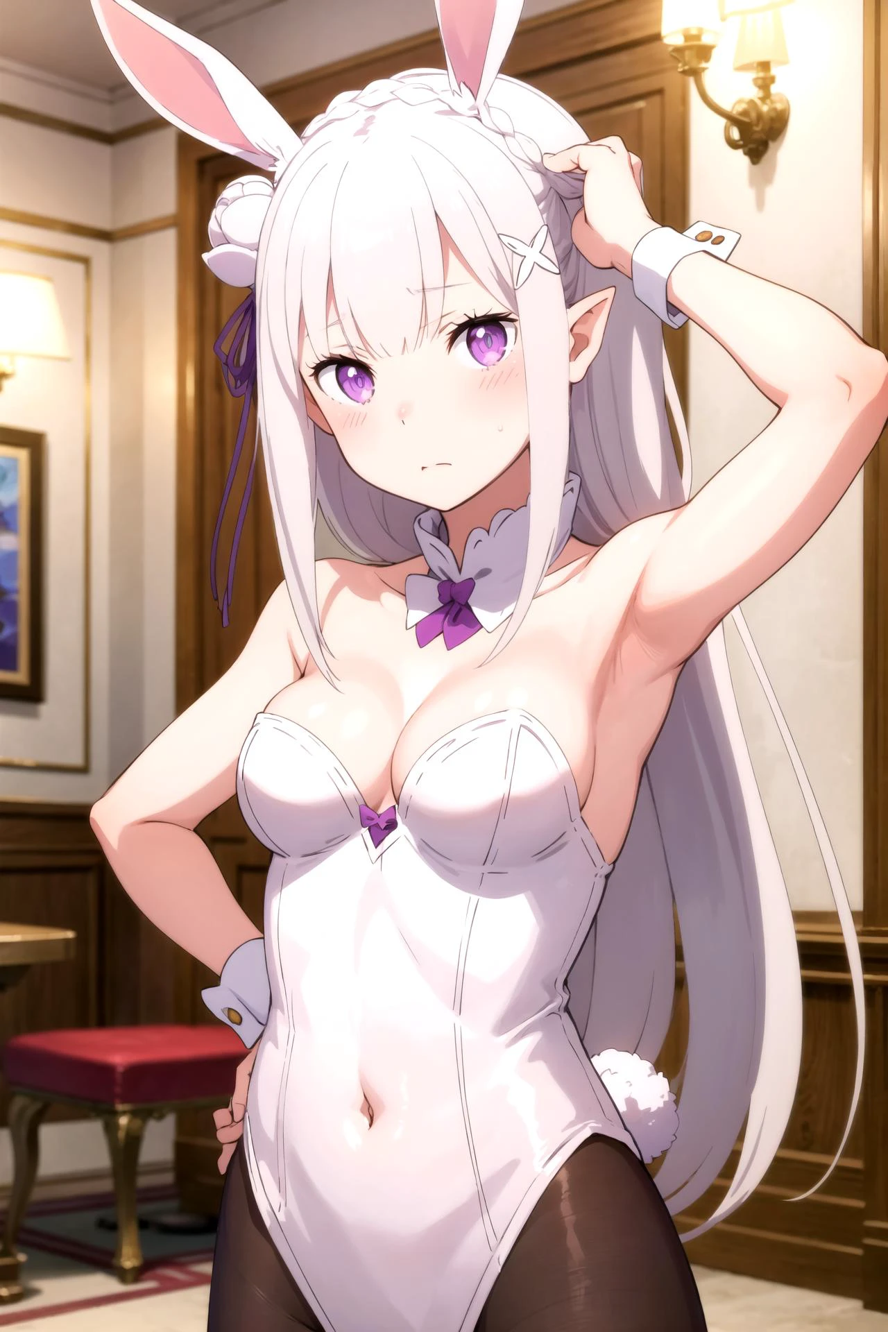 1girl, solo, masterpiece, best quality,
<lora:emilia-rezero-01:0.6>,
rabbit ears, fake animal ears, re:zero kara hajimeru isekai seikatsu, emilia, emilia (re:zero), purple eyes, grey hair, white hair, long hair, braid, crown braid, blunt bangs, sidelocks, hair ornament, x hair ornament, hair flower, hair ribbon, purple ribbon, pointy ears, elf, playboy bunny, detached collar, bare shoulders, bare arms, collarbone, leotard, latex leotard, wrist cuffs, skindentation, skin tight, cleavage, medium breasts, covered navel, pantyhose,
w arms, armpits,
cowboy shot, looking at viewer,
blush, nose blush, flustered,
indoors, casino