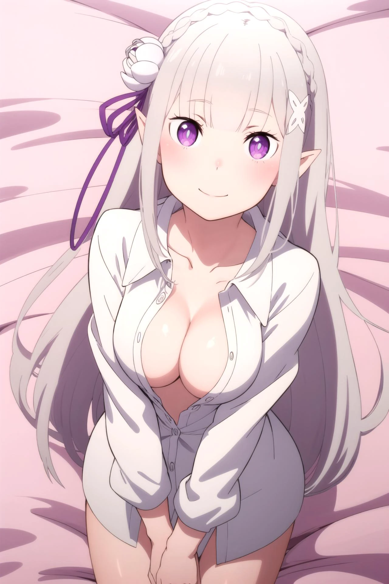 1girl, solo, masterpiece, best quality,
<lora:emilia-rezero-01:0.8>,
re:zero kara hajimeru isekai seikatsu, emilia, emilia (re:zero), purple eyes, grey hair, white hair, long hair, braid, crown braid, blunt bangs, sidelocks, hair ornament, x hair ornament, hair flower, hair ribbon, purple ribbon, pointy ears, elf, naked shirt, shirt, white shirt, collared shirt, dress shirt, no bra, collarbone, cleavage, open clothes, open shirt, medium breasts, bottomless, bare legs, breasts,
cowboy shot, leaning forward, v arms, from above, looking up, looking at viewer,
blush, smile,
bed sheet