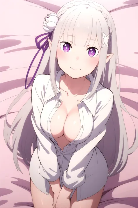 1girl,emilia (re:zero),pointy ears,grey hair,white hair,very long hair,blunt bangs,purple eyes,crown braid,sidelocks,x hair ornament,hair flower,purple thighhighst 18yo,Young female,Beautiful Fingers,Beautiful long legs,Beautiful body ,Beautiful character design, official art,extremely detailed CG unity 8k wallpaper, perfect lighting,Colorful,shiny skin, (masterpiece:1.0),(best_quality:1.0), ultra high res,4K,ultra-detailed, photography, 8K, HDR, highres, absurdres:1.2, Kodak portra 400, film grain, blurry background, bokeh:1.2, lens flare, (vibrant_color:1.2), (beautiful_face:1.5),(narrow_waist),NSFW, open mouth, blushing, topless, lying on back, bed, penetration, large breasts, nipples, saliva, saliva trail, spread legs, masturbation, orgasm, female focus, from above, vibrant