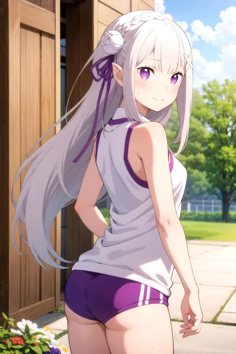 1girl, solo, masterpiece, best quality,
        <lora:emilia-rezero-01:0.6>,
        sweat, re:zero kara hajimeru isekai seikatsu, emilia, emilia (re:zero), purple eyes, grey hair, white hair, long hair, braid, crown braid, blunt bangs, sidelocks, hair ornament, x hair ornament, hair flower, hair ribbon, purple ribbon, pointy ears, elf, gym uniform, gym shirt, white shirt, sleeveless, sleeveless shirt, collarbone, bare arms, medium breasts, buruma, bare legs,
        cowboy shot, twisted torso, looking back,
        blush, smile,
        outdoors