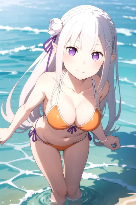 1girl, solo, masterpiece, best quality,
        <lora:emilia-rezero-01:0.6>,
        re:zero kara hajimeru isekai seikatsu, emilia, emilia (re:zero), purple eyes, grey hair, white hair, long hair, braid, crown braid, blunt bangs, sidelocks, hair ornament, x hair ornament, hair flower, hair ribbon, purple ribbon, pointy ears, elf, bikini, skindentation, collarbone, bare arms, cleavage, (orange bikini:1.2), medium breasts, navel, thigh gap, bare legs, breasts,
        cowboy shot, leaning forward, v arms, from above, looking up, looking at viewer,
        blush, smile,
        outdoors, ocean, partially submerged