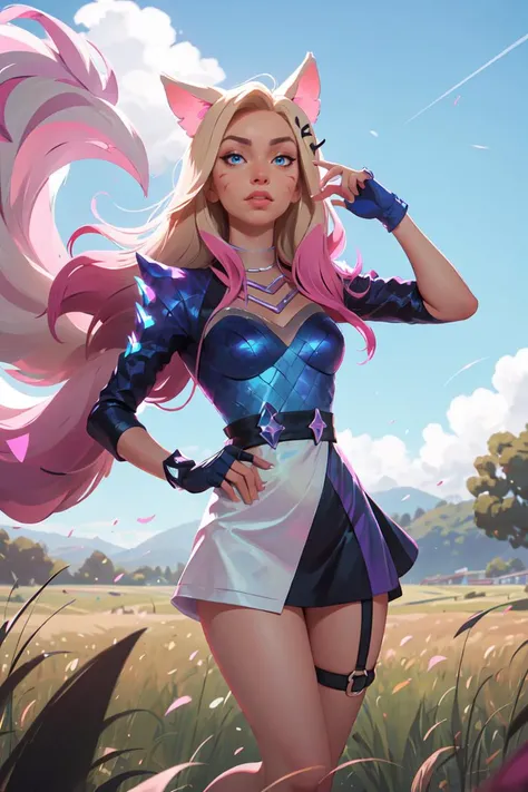 (action scene, dynamic pose,:1.3) (field, grass, sky:1.0), high detailed, 8k, highres, (k/da all out ahri), ahri \(league of legends\), league of legends, 1girl, k/da (league of legends), animal ears, solo, fox ears, long hair, blonde hair, blue eyes, idol, facial mark, looking at viewer, gloves, pink hair, fingerless gloves, whisker markings, breasts, makeup, lips, skirt, hair ornament , <lora:kda_all_out_ahri-000035:0.8>