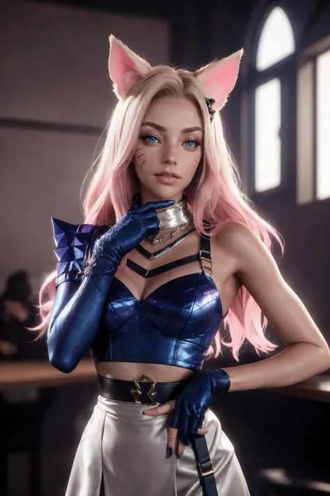 best quality, cg, 3d, ,1girl, (looking at viewer) ,upper body, dynamic, smooth light, <lora:Ahri All Out:0.7> (k/da all out ahri), animal ears, solo, fox ears, long hair, blonde hair, blue eyes, idol, facial mark, looking at viewer, gloves, pink hair, fingerless gloves, whisker markings, breasts, glamour makeup, lips, skirt, hair ornament