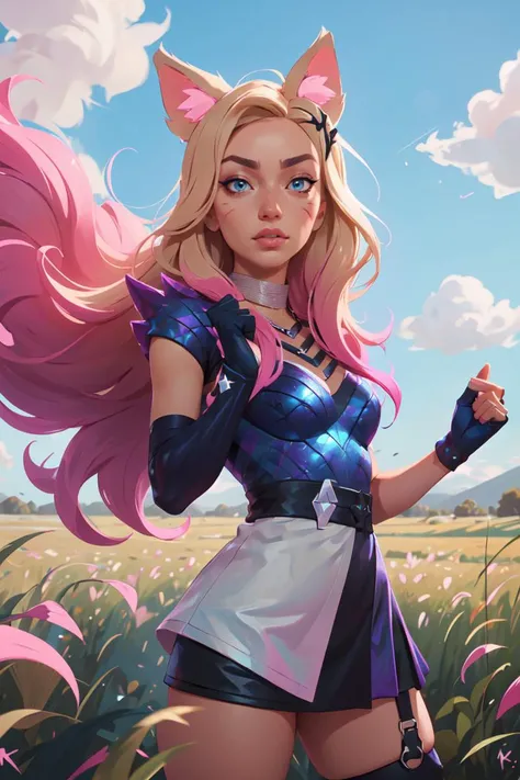 (action scene, dynamic pose,:1.3) (field, grass, sky:1.0), high detailed, 8k, highres, (k/da all out ahri), ahri \(league of legends\), league of legends, 1girl, k/da (league of legends), animal ears, solo, fox ears, long hair, blonde hair, blue eyes, idol, facial mark, looking at viewer, gloves, pink hair, fingerless gloves, whisker markings, breasts, makeup, lips, skirt, hair ornament , <lora:kda_all_out_ahri-000035:0.8>