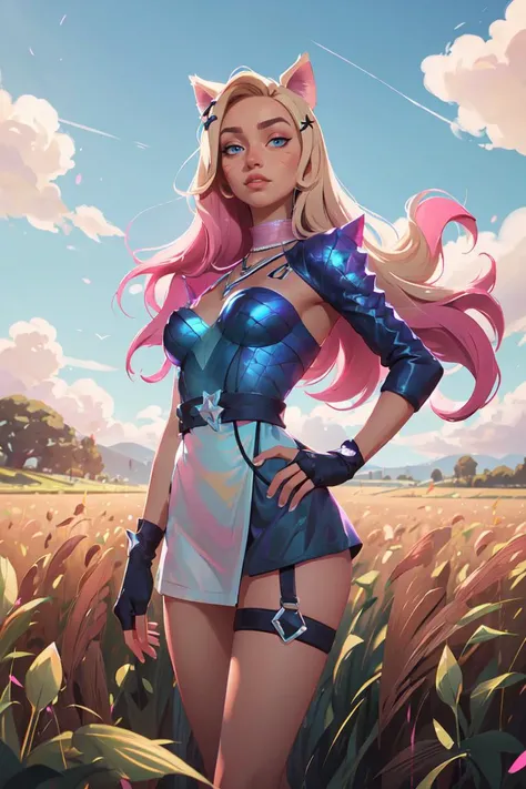 (field, grass, sky:1.5), high detailed, 8k, highres, (k/da all out ahri), ahri \(league of legends\), league of legends, 1girl, k/da (league of legends), animal ears, solo, fox ears, long hair, blonde hair, hand on hip, blue eyes, idol, facial mark, looking at viewer, gloves, pink hair, fingerless gloves, whisker markings, breasts, makeup, lips, skirt, hair ornament , <lora:kda_all_out_ahri-000035:0.8>
