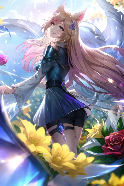 ahri \(league of legends\), (very detailed background:1.0), (highly detailed background:1.0), masterpiece, best quality, (1girl), solo, (girl:1.2), (happy),long hair, blonde hair, open arms, flower field, flowers:2, motion blur, roses, tulipss, (summer:1.2), chromatic aberration, depth of field, soft lighting, highly detailed face, highly detailed eyes, smile, (flower pettals falling), shoulder pads, diamonds
