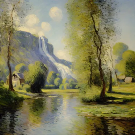 claude_monet, a painting of a cabin in a forest beside a river with a waterfall, landscape <lora:Claude_Monet:1>