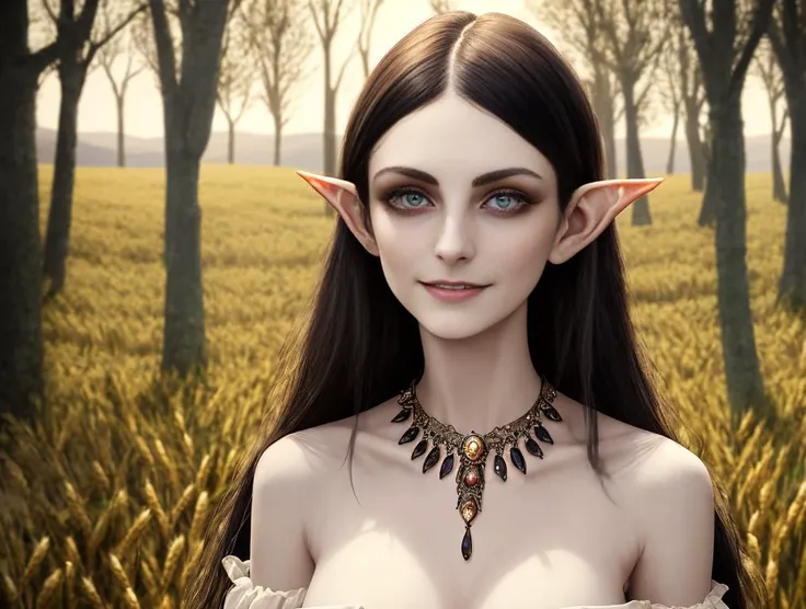 A group of goblin women, photography, Cowboy shot, 1.8f, masterpiece, high quality, highres, young skinny Victorian goblin, 3girls with (wide face) and (large eyes:1.4) smiling while walking through a field, mountains, trees, wheat field, evening sun, handsome features, full body, ribs, small breasts, dark eye shadow, sheer cloth, translucent cloth, Victorian gothic, large pointed ears, goblin ears, pointed ears, detailed face and eyes, young woman, bony, hungry, thin, pale skin, by Jeremy Lipking, (by Alphonse Mucha:0.5), beautiful adult Victorian woman walking through a meadow, detailed face and eyes, (solo focus:1.2), dark eyes, (shy smile:1.3), averted eyes, (bare shoulders:1.6), jeweled necklace, bokeh, (hair strands;1.2), (loose hairs:1.3), (sheer cloth),