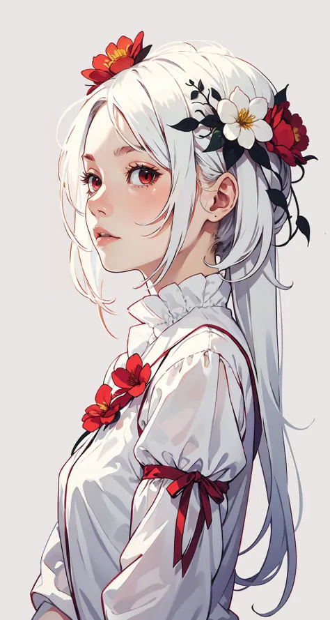 (intricate detail, beautiful:1.2), thief girl, solo, flower, red eyes, white hair, red flower, hair flower, white flower, hair ornament, from side, simple background, upper body, sideways glance, expressionless, (white theme:1.3), looking to the side, shaved sides of the head
<lora:smol02:0.4> <lora:Dreamwave v3:0.5>