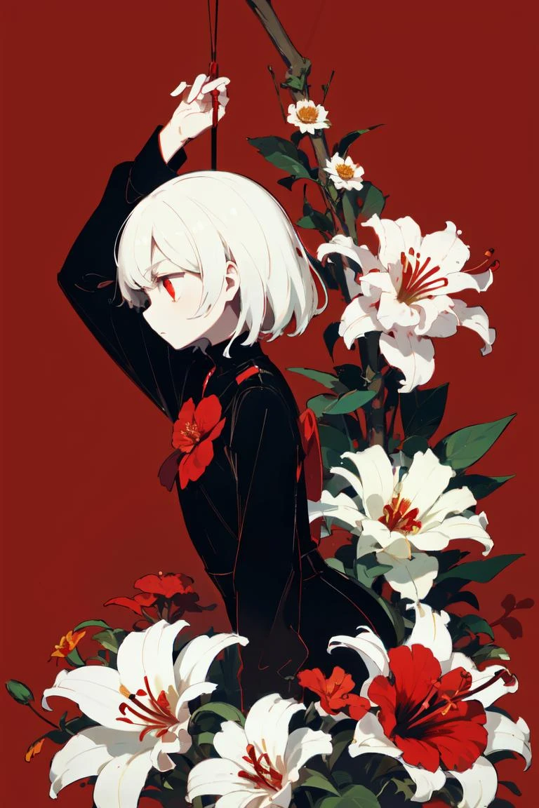 avogado6, 1girl, bangs, camellia, daisy, flag_background, flower, from_side, hibiscus, lily_\(flower\), profile, red_background, red_border, red_eyes, red_flower, red_rose, red_theme, short_hair, simple_background, solo, leaning forward, hanging hair, sideways glance, glowing red electric eye, (fierce), spider_lily, white_flower, white_hair, style of Bourgeois, angular, an album cover, purism, <lora:avogado6_Style:0.6>